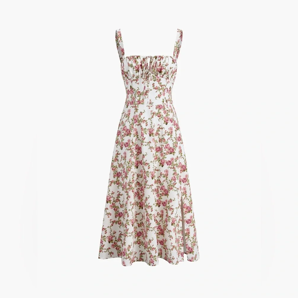 Commense Rosebud Floral Midi Sundress White Pink Slit Corset Small NWT - Picture 2 of 15